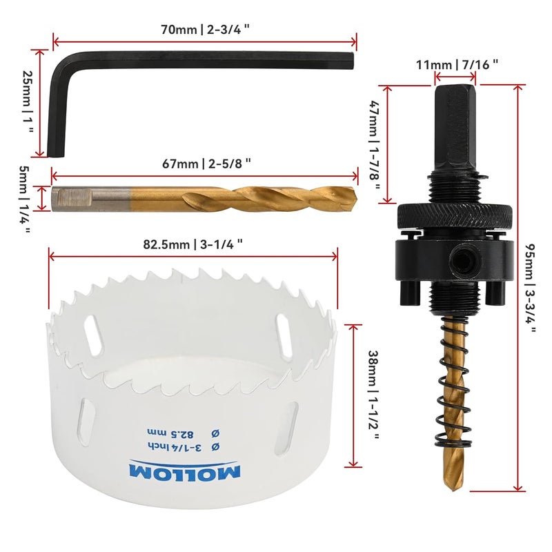 Mollom (82.5mm | 3-1/4") HSS M42 with 8% Cobalt BI-Metal Hole Saw with 2 Pilot Drill Bits & Arbor Smooth Cutting for PVC,Drywall,Wood,Plastic,Gypsum Board,Rubber - Image 2